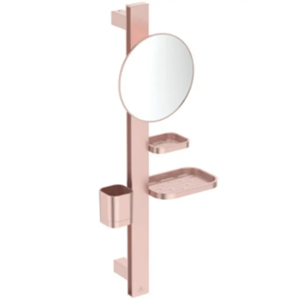 Ein vertikales Wandregal mit Spiegel und Ablagen in Rosé, aus Aluminium, gestaltet von Ideal Standard. Es bietet Stauraum für Beauty-Accessoires.